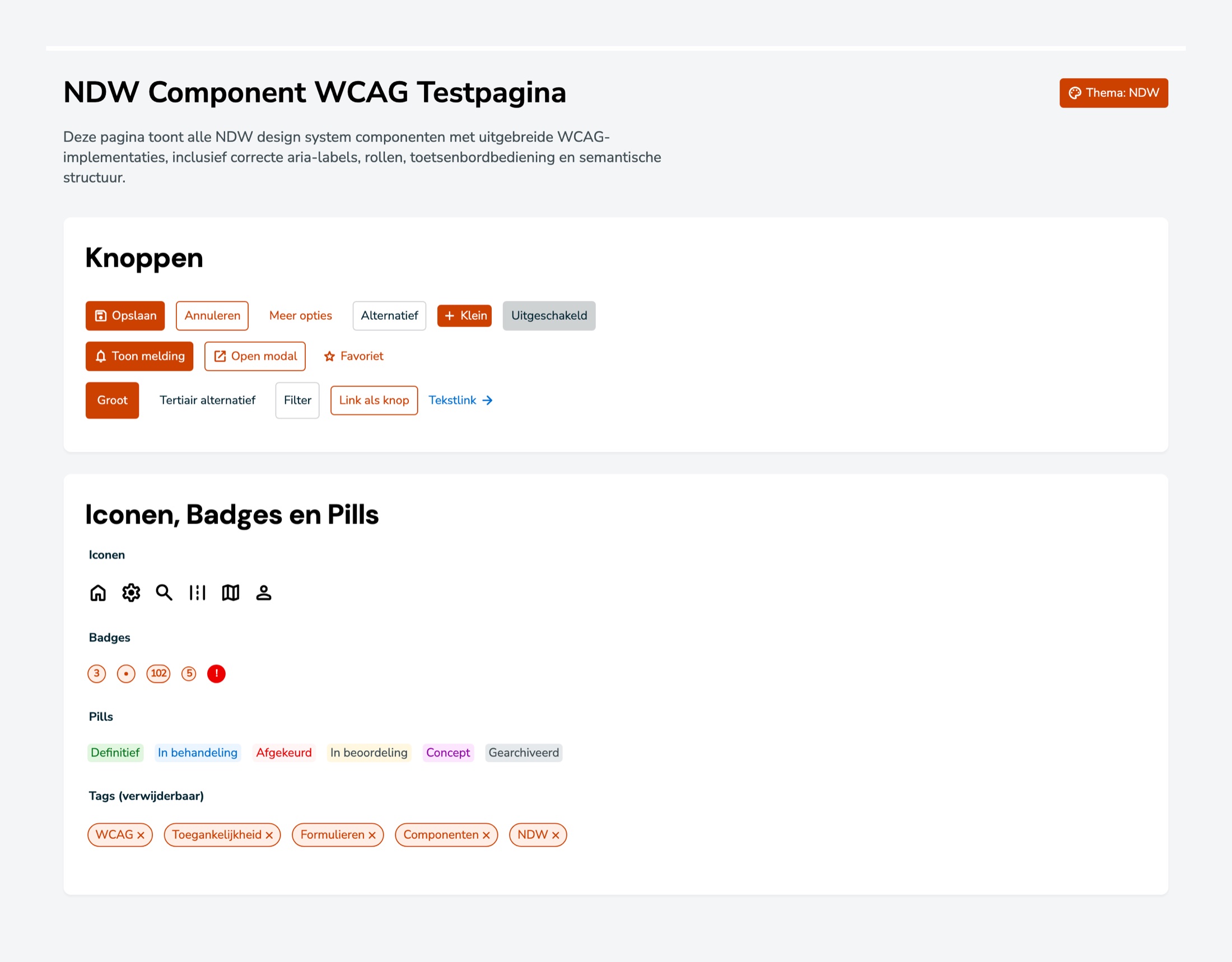 The NDW Component WCAG test page with the heading, a row of button variants and a section with icons, badges and pills.