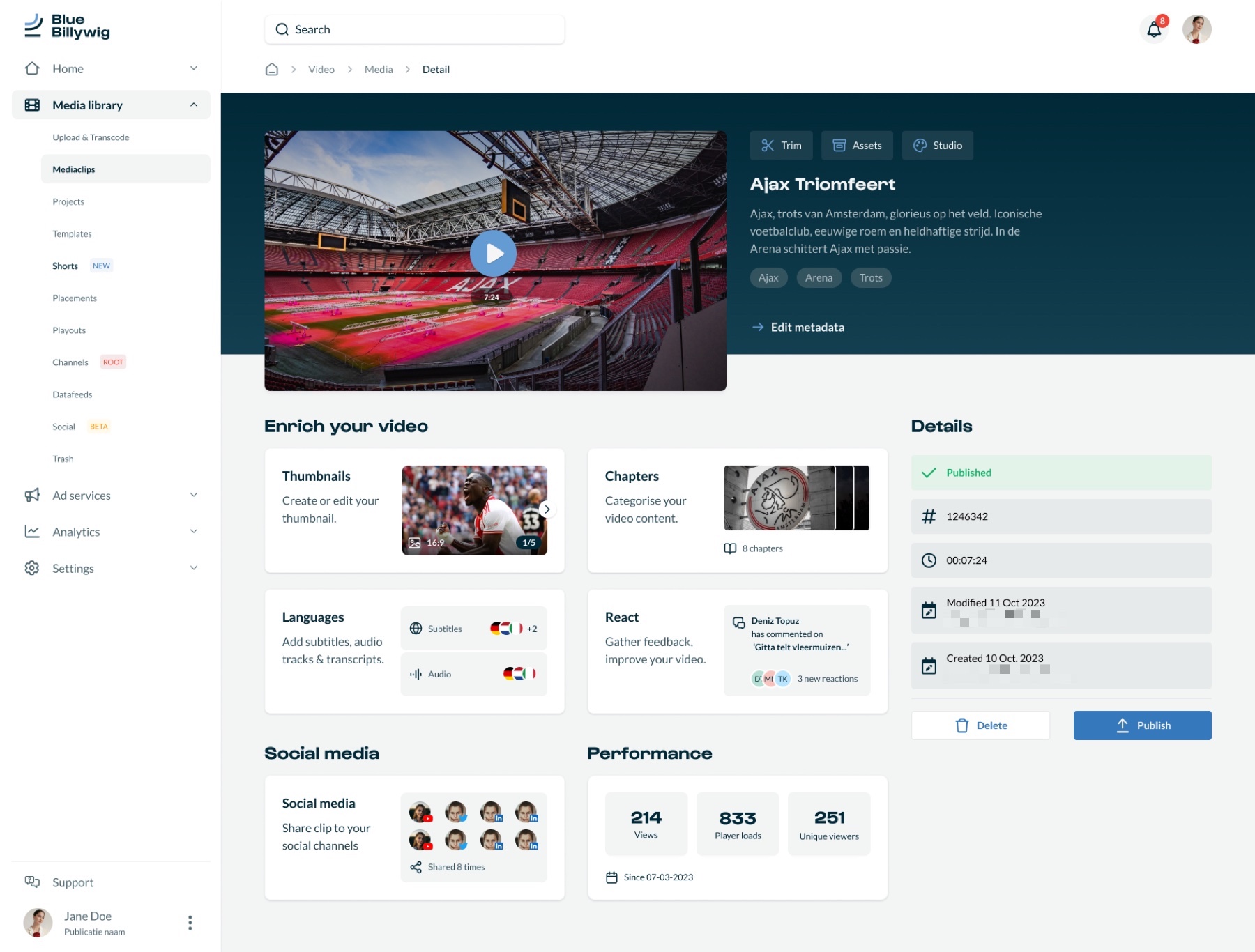 The redesigned media clip detail page with thumbnails, chapters, languages, reactions, social media and performance.
